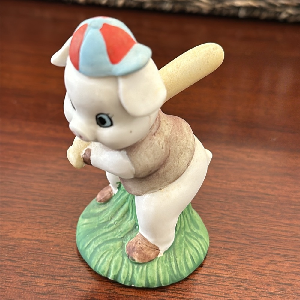Baseball Pig Porcelain Bisque Ceramic Batting Pig Figurine 3”